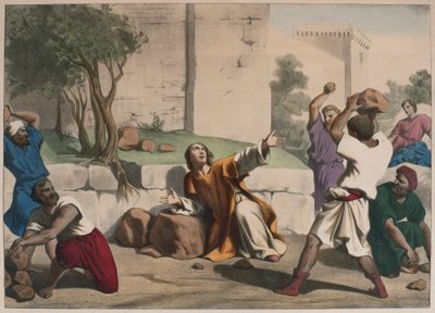رجم القديس ستيفن ، رسم توضيحي من التعليم المسيحي Listoire Sainte ، نشره Charles Delagrave ، باريس ، أواخر القرن التاسع عشر بواسطة المدرسة الفرنسية