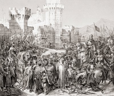 The surrender of Acre to Philip II of France, called Philip Augustus, during the Third Crusade, from L