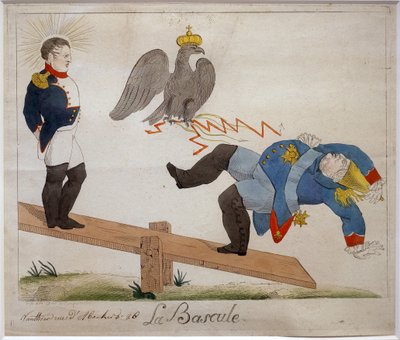 التبديل. صورة لنابليون بونابرت (1769-1821) يقف على لوح متأرجح ، يشاهد عدوه يسقط ، ممزقًا بتاج نسر. كارتون. Eau forte ، أوائل القرن التاسع عشر ، فرنسا. متحف نابليون ، أنتيبس. بواسطة المدرسة الفرنسية