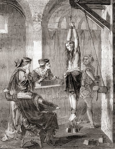 The torture of a woman accused of witchcraft in the middle ages, from Les Merveilles de la Science, published c.1870 (litho) بواسطة المدرسة الفرنسية