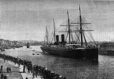 السفينة العابرة للأطلسي "La Gascogne" في ميناء لوهافر عام 1887. نقش في المجلة اللامعة "La jeunesse" بواسطة المدرسة الفرنسية