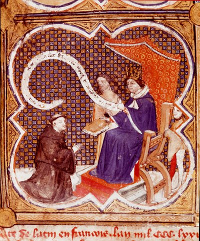 يقدم المترجم كتابه للملك تشارلز الخامس (1338-1380) صورة مصغرة مأخوذة من "Le livre des proprietes des choses" (De proprietatibus rerum) بواسطة بارتليمي الإنجليزي ، ترجمه جون كوربيشون. القرن ال 15. ريمس ، مكتبة البلدية بواسطة المدرسة الفرنسية