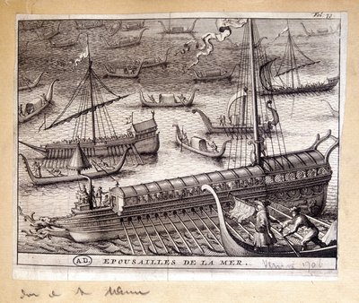 The wives of the Doge of Venice with the sea in 1706 - engraving بواسطة المدرسة الفرنسية