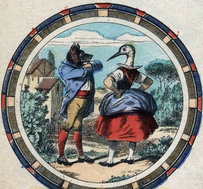 الذئب واللقلق. أساطير جان دي لافونتين (1621-95). تصوير إبينال من نهاية القرن التاسع عشر. بواسطة المدرسة الفرنسية