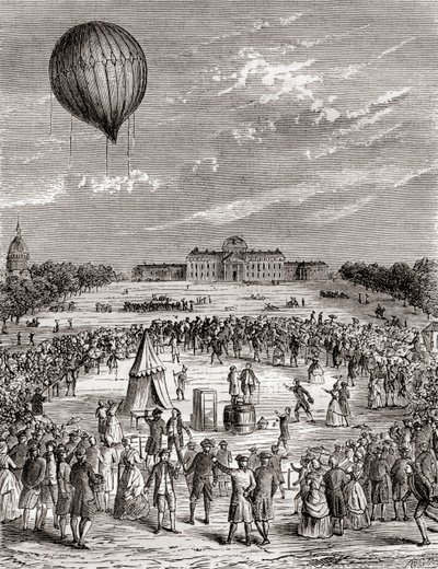 أول بالون هيدروجين في العالم ، تم إطلاقه فوق Champs de Mars ، باريس ، فرنسا في عام 1783 ، من Les Merveilles de la Science ، تم نشره حوالي عام 1870 (نقش) بواسطة المدرسة الفرنسية