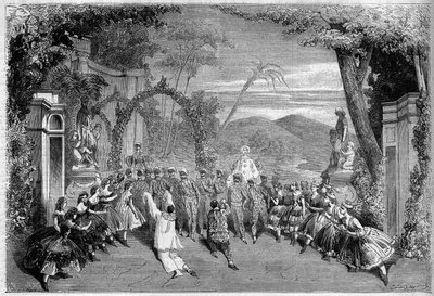 التمثيل المسرحي: الفصل الثاني ، المشهد الأخير من "الرقصات الوطنية في فرنسا" لامبرت تيبوست (1826-1867) ، ألفريد ديلاكور (1815-1883) وكليرفيل (1811-1879). باريس ، مسرح فاريتيس بواسطة المدرسة الفرنسية