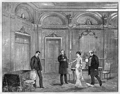 التمثيل المسرحي: "جان بيودري" للمخرج أوغست فاكويري (1819-1895). الفصل الرابع. باريس ، مسرح فرانسيه (كوميدي فرانسيز). نقش من عام 1880 في المجموعة الخاصة "La republique illustree". بواسطة المدرسة الفرنسية