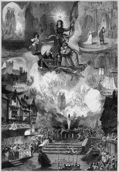 التمثيل المسرحي: "" جان دارك "، مسرحية غنائية لجول باربييه (1825-1901) ، موسيقى لتشارلز جونود (1818-1893). باريس ، مسرح لا جايت. نقش في "" Le Monde Illustré "" رقم 868 بتاريخ 29 نوفمبر 1873. بواسطة المدرسة الفرنسية