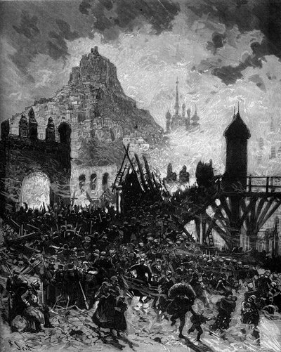 التمثيل المسرحي: "ميشيل ستروجوف" لجول فيرن (1828-1905) وأدولف دي إنري (دينيري) (1811-1899). اللوحة الرابعة عشر: إركبوتسك مشتعلة. الديكور من Robecchi. باريس ، مسرح دو شاتليه بواسطة المدرسة الفرنسية