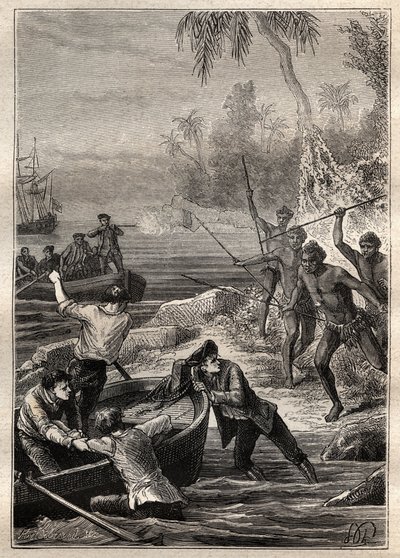 تم توفيرها في مكان قريب جدًا ...: رحلة الكابتن جيمس كوك (1728-1779) إلى نيوزيلندا في عام 1769 - تهاجم الطبيعة النيوزيلندية طاقم كوك أثناء اقترابهم من الشاطئ - رسم توضيحي مأخوذ من "البحارة العظماء في القرن الثامن عشر" " بواسطة المدرسة الفرنسية
