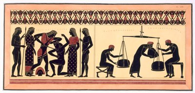 تم نشر ثيسيوس ومينوتور ، على اليمين ، مع رجال يزنون الصوف ، 1808-10 (ليثو ملون) بواسطة المدرسة الفرنسية