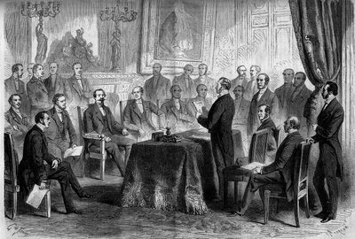 الجمهورية الثالثة: اجتماع مجلس الدولة في التويلري بحضور نابليون الثالث (1808-1873) والبارون يوجين جورج هوسمان ، رئيس باريس (1809-1891). نقش في "" Le Monde Illustré "" رقم 291 بتاريخ 8 نوفمبر 1862. بواسطة المدرسة الفرنسية