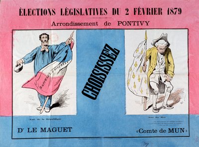 الجمهورية الثالثة: ملصق للانتخابات التشريعية في 2/2/1879 في بلدية بونتيفي (موربيهان). باريس. متحف الملصقات والإعلان بواسطة المدرسة الفرنسية