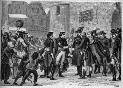 حرب فيندي الثالثة (1799-1800): أعاد رؤساء فيندي أسلحتهم في يناير 1800 - نقش عام 1865 في "تاريخ القنصلية وآخرون" بقلم لويس أدولف تيير - الحرب الثالثة في فيندي (1799-1800): بائع اعترف القادة بالهزيمة في يناير 180 بواسطة المدرسة الفرنسية