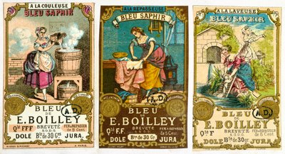 ثلاثة ملصقات للعلامة التجارية Bleu de E. Boilley لمسحوق الغسيل ، 1878 بواسطة المدرسة الفرنسية