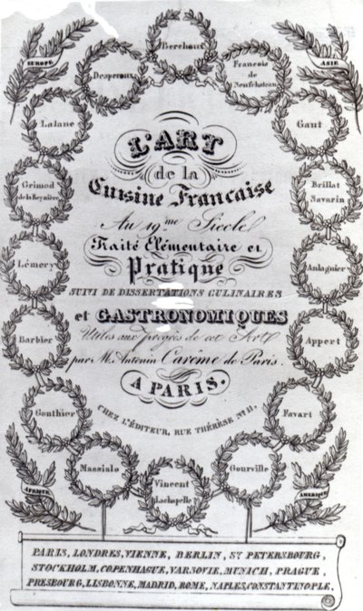 صفحة العنوان لـ LArt de la Cuisine Francaise vol. الثالث بواسطة أنتونين كاريمي ، تم نشره عام 1834 (ورقة مطبوعة) بواسطة المدرسة الفرنسية