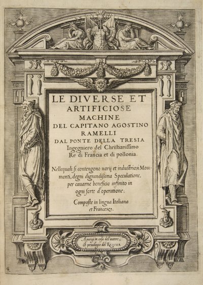 صفحة العنوان ، من Le Diverse Et Artificiose Machine Del Capitano Agostino Ramelli ، pub. 1588 (النقش) بواسطة المدرسة الفرنسية