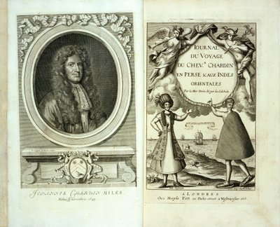 صفحة العنوان وصورة مقدمة لرحلة مجلة du Chevalier Chardin إلى بلاد فارس وجزر الهند الشرقية بقلم Jean Chevalier Chardin ، 1686 بواسطة المدرسة الفرنسية