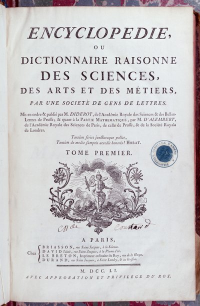 صفحة عنوان موسوعة دينيس ديدرو (1713-1784) ، نُشرت في باريس عام 1751 (انظر أيضًا 157777) بواسطة المدرسة الفرنسية