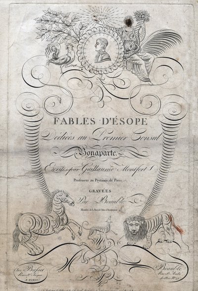 صفحة عنوان "" Fables d'Esope "". (الكاتب اليوناني Esopo أو Ecopus ، القرن السادس قبل الميلاد) مخصص للقنصل الأول بونابرت ، كتبه Guillaume Montfort و Gravees بواسطة Beauble في عام 1801. بواسطة المدرسة الفرنسية