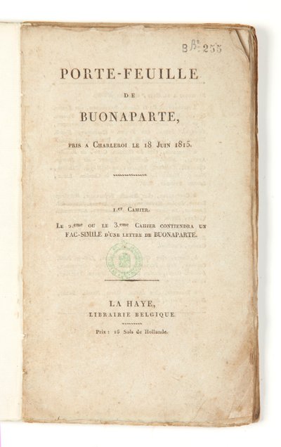 صفحة العنوان لـ "محفظة Buonaparte التي تم التقاطها في شارلروا في ١٨ يونيو ١٨١٥" بواسطة المدرسة الفرنسية