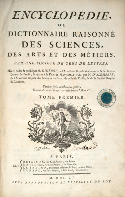 صفحة عنوان المجلد الأول من الموسوعة بقلم دينيس ديدرو وجان لو روند دالمبرت ، 1751 بواسطة المدرسة الفرنسية