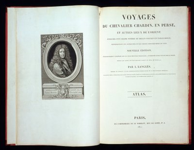 صفحة العنوان وصورة في الواجهة الأمامية من Voyages du Chevalier Chardin en Perse ، 1811 بواسطة المدرسة الفرنسية