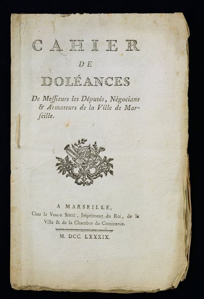 صفحة عنوان كتاب شكاوى نواب مرسيليا وتجارها ومالكيها ، 1789 بواسطة المدرسة الفرنسية