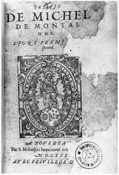 صفحة عنوان الطبعة الأولى من Essais بقلم ميشيل دي مونتين (1533-1592) 1580 بواسطة المدرسة الفرنسية