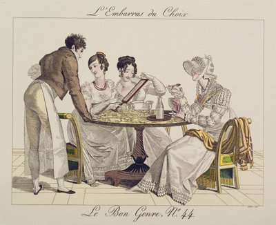 اختيار أكثر من اللازم ، اللوحة 44 من Le Bon Genre ، 1827 بواسطة المدرسة الفرنسية