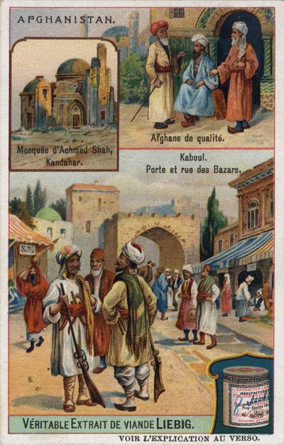 في الأعلى: مسجد أحمد شاه في قندهار وصور للأثرياء الأفغان. في الأسفل: سوق كابول في أفغانستان. الإعلان عن الطباعة الحجرية الملونة للقرن التاسع عشر. بواسطة المدرسة الفرنسية