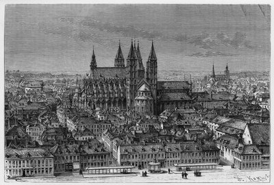 Tournai: exterior view of Notre-Dame (Notre Dame) and panorama of the city. Engraving by Barclay, to illustrate the story “” Belgium””, by Camille Lemonnier (1844-1913) Belgian writer. Published in Le Tour du monde, nouveau journal des voyages, 2nd semeste بواسطة المدرسة الفرنسية