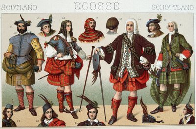 Traditional Scottish Costumes - in “” Le costume historique”” by Racinet بواسطة المدرسة الفرنسية