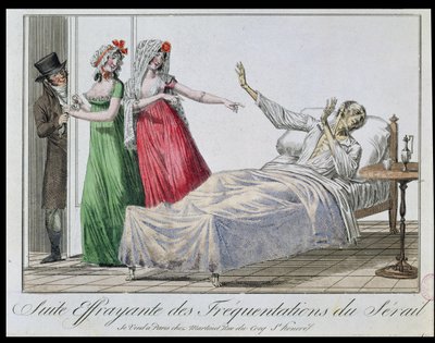 نتيجة مأساوية لبيوت الدعارة المتكررة ، كاريكاتير الزهري ، c.1800 (نقش الألوان) بواسطة المدرسة الفرنسية