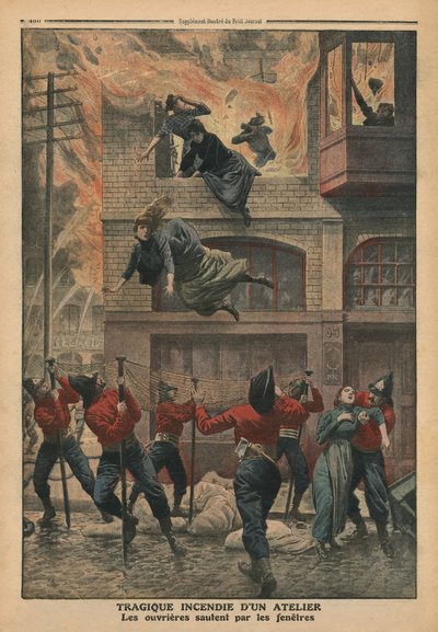 حريق مأساوي في ورشة عمل في نيوارك ، نيو جيرسي ، رسم توضيحي من `` Le Petit Journal &39;&39; ، ملحق illustre ، 11 ديسمبر 1910 (لون ليثو) بواسطة المدرسة الفرنسية