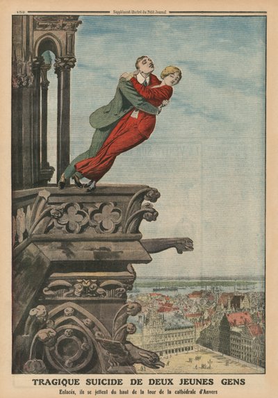 انتحار مأساوي لشابين من برج الكاتدرائية في أنتويرب ، صورة الغلاف الخلفي من `` Le Petit Journal &39;&39; ، ملحق illustre ، 11 مايو 1913 بواسطة المدرسة الفرنسية