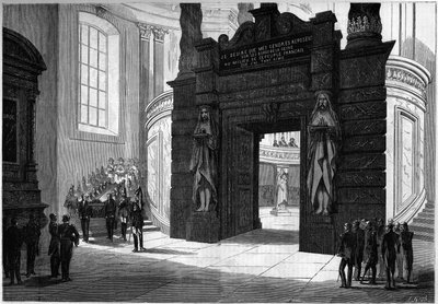 نقل رماد نابليون الأول (1769-1821) من كنيسة القديس جيروم إلى المقبرة المبنية تحت قبة الإنفاليد. باريس ، ٢ أبريل ١٨٦١. نقش في "" Le Monde Illustré "" رقم 209 بتاريخ ١٣ أبريل ١٨٦١. بواسطة المدرسة الفرنسية