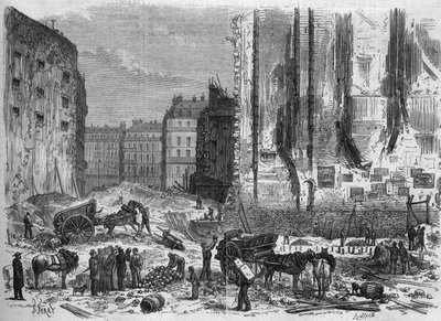 تحولات باريس تحت الإمبراطورية الثانية ، Haussmannian Paris ؛ اكتشاف مستودع عظام الموتى أثناء بناء شارع دي موبيج بواسطة المدرسة الفرنسية