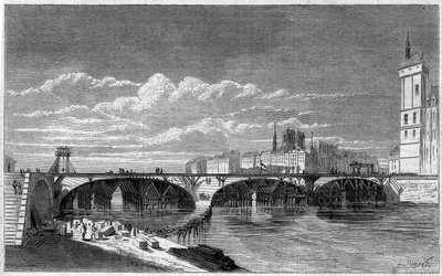 تحولات باريس في ظل الإمبراطورية الثانية ، Haussmann Paris: view of the Pont au Change أثناء إعادة بنائه. نقش في "" Le Monde Illustré "رقم 169 بتاريخ 7 يوليو 1860. بواسطة المدرسة الفرنسية