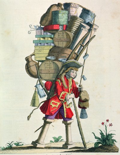 بائع التوابل والخمور والعلاج في السفر عام 1721 ، من Costumes de Paris a Travers les Siecles ، تم نشره عام 1887 (نقش الألوان) بواسطة المدرسة الفرنسية