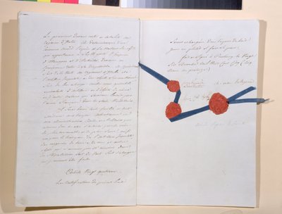 معاهدة بين نابليون الأول (1769-1821) والإمبراطور فرانز الثاني (1768-1835) ، وقعت في بريسبرغ في 26 ديسمبر 1805 (قلم وحبر على ورق) بواسطة المدرسة الفرنسية