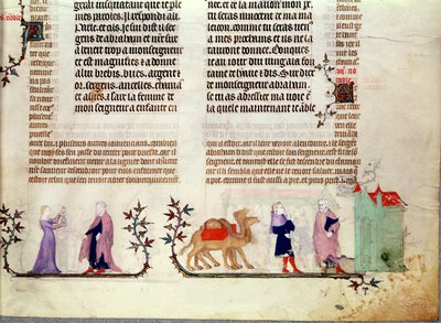 مشهدان من قصة ريبيكا في البئر ، من كتاب جان دي سي الكتاب المقدس 1355 بواسطة المدرسة الفرنسية