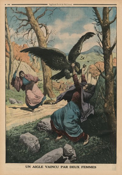 امرأتان تهزمان نسرًا ، توضيح الغلاف الخلفي من `` Le Petit Journal &39;&39; ، ملحق illustre ، 22 مارس 1914 بواسطة المدرسة الفرنسية