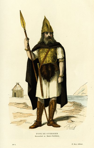 نوع المحارب الغالي ، مع الرمح و epee nydam. نقش ملون بعد رسم L.Hennin ، في "France et les francais à travers les siecles" بقلم Augustin Challamel ، محرر F.Roy ، باريس 1882. مجموعة سيلفا. بواسطة المدرسة الفرنسية