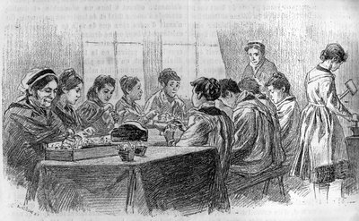 ورشة عمل للفتيات البلهاء في Salpetriere في باريس ، في "" le journal de la jeunesse "" "1887. بواسطة المدرسة الفرنسية