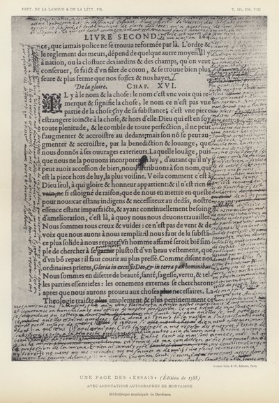 Une Page Des Essais ، إصدار 1588 ، مع تعليقات Autograph De Montaigne (litho) بواسطة المدرسة الفرنسية