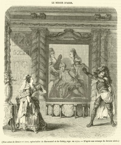 مشهد من قبل Zemire et Azor ، أوبرا باليه لمارمونتيل وجريتري ، أعيد طبعه عام 1771 (نقش) بواسطة المدرسة الفرنسية