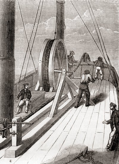Unwinding the Dover to Calais submarine cable aboard the Blazer, 25 December 1851, from Les Merveilles de la Science, published c.1870 (engraving) بواسطة المدرسة الفرنسية