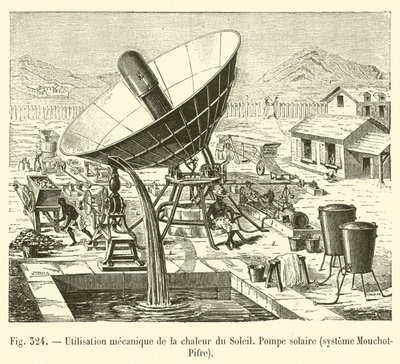 الاستخدام الميكانيكي للحرارة من الشمس ، المضخة الشمسية ، نظام Mouchot-Pifre (النقش) بواسطة المدرسة الفرنسية