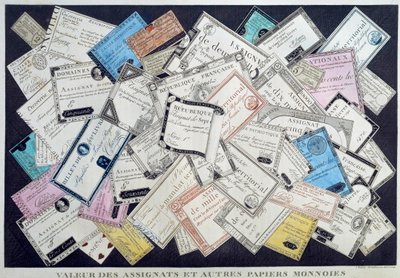 قيمة التخصيصات والعملات الورقية الأخرى خلال الثورة الفرنسية. القرن ال 18. Musee Carnavalet ، باريس - قيمة أوراق السندات والعملات الأخرى في ظل الثورة الإنجليزية. نقش بواسطة المدرسة الفرنسية